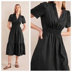 Boden Eve 100% Linen Midi Dress Women's Size US14 Black Pockets Tiered